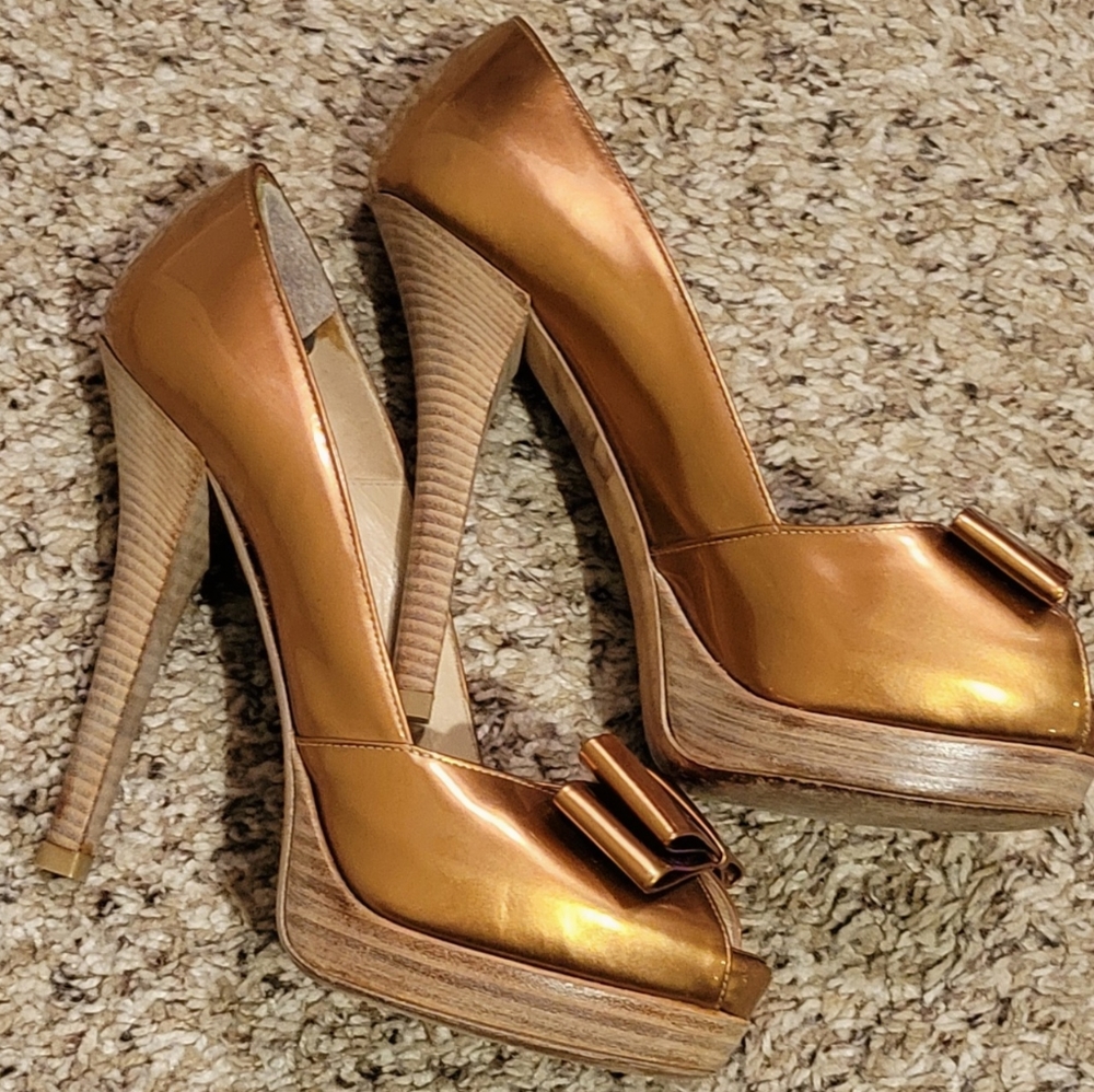 Fendi Gold Peep-Toe Heels